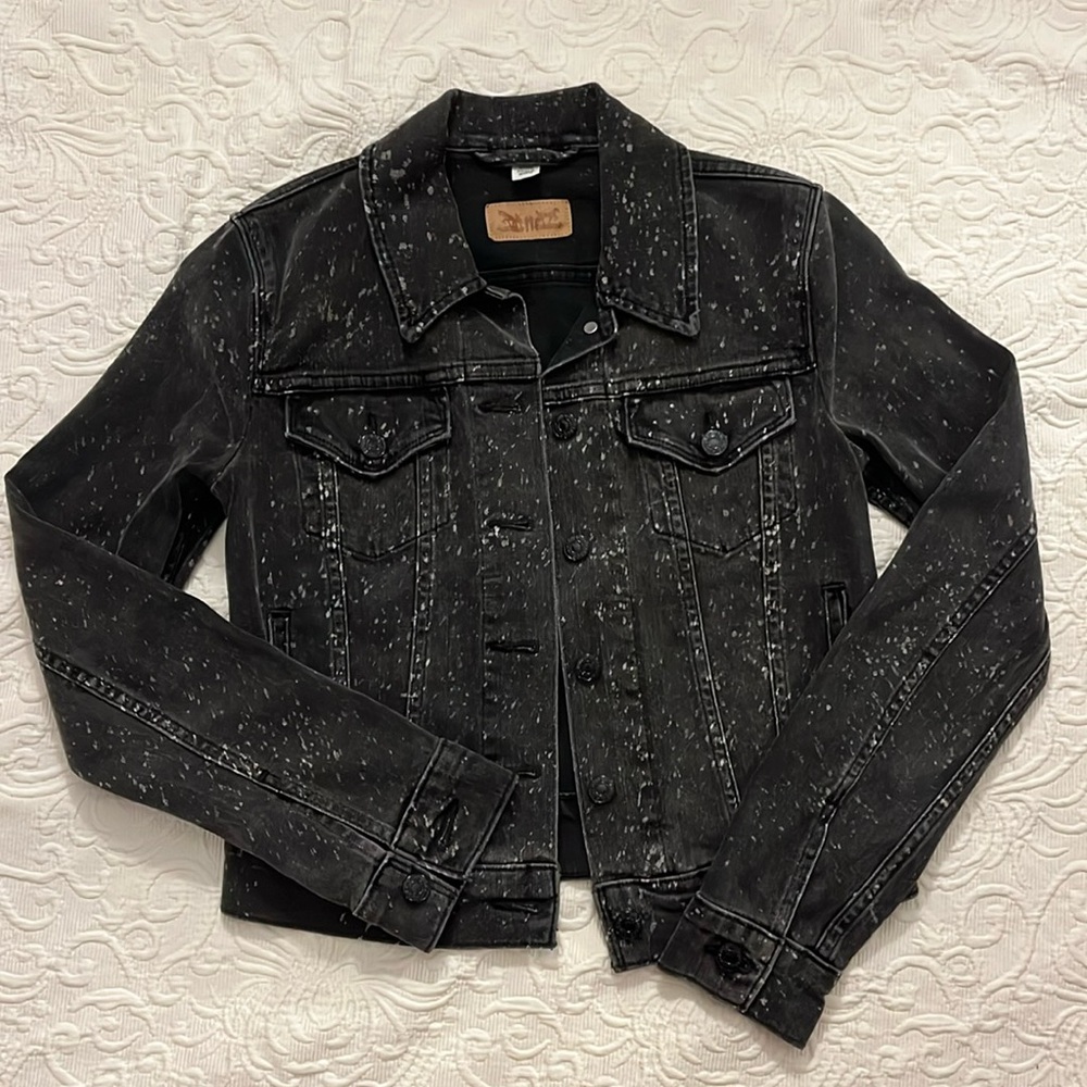 Levis Denim Jean Jacket Trucker Happy Camper Splatter Washed Black